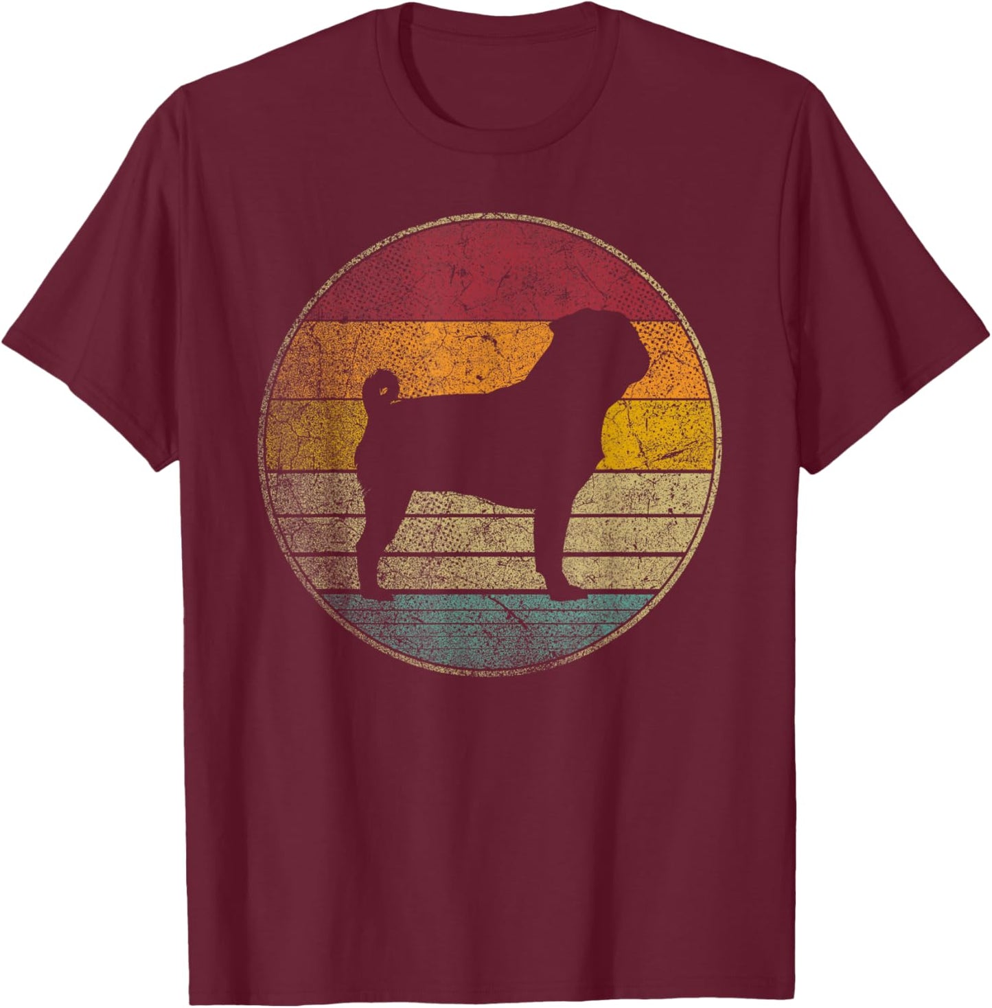 Pug Dog - Vintage Distressed Retro Silhouette 70s 80s T-Shirt - T-Shirt | Maroon