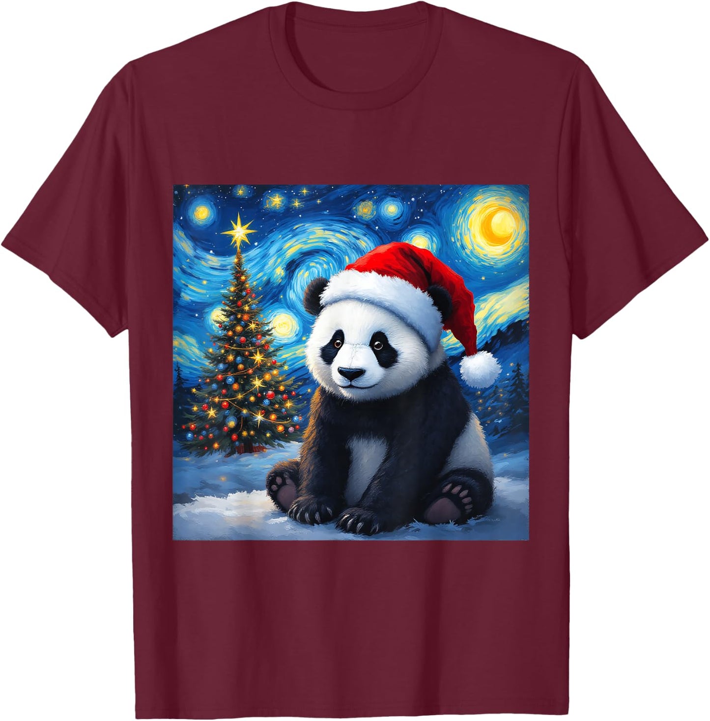 Christmas Panda Santa Hat Van Gogh Starry Night Holiday T-Shirt - T-Shirt | Maroon