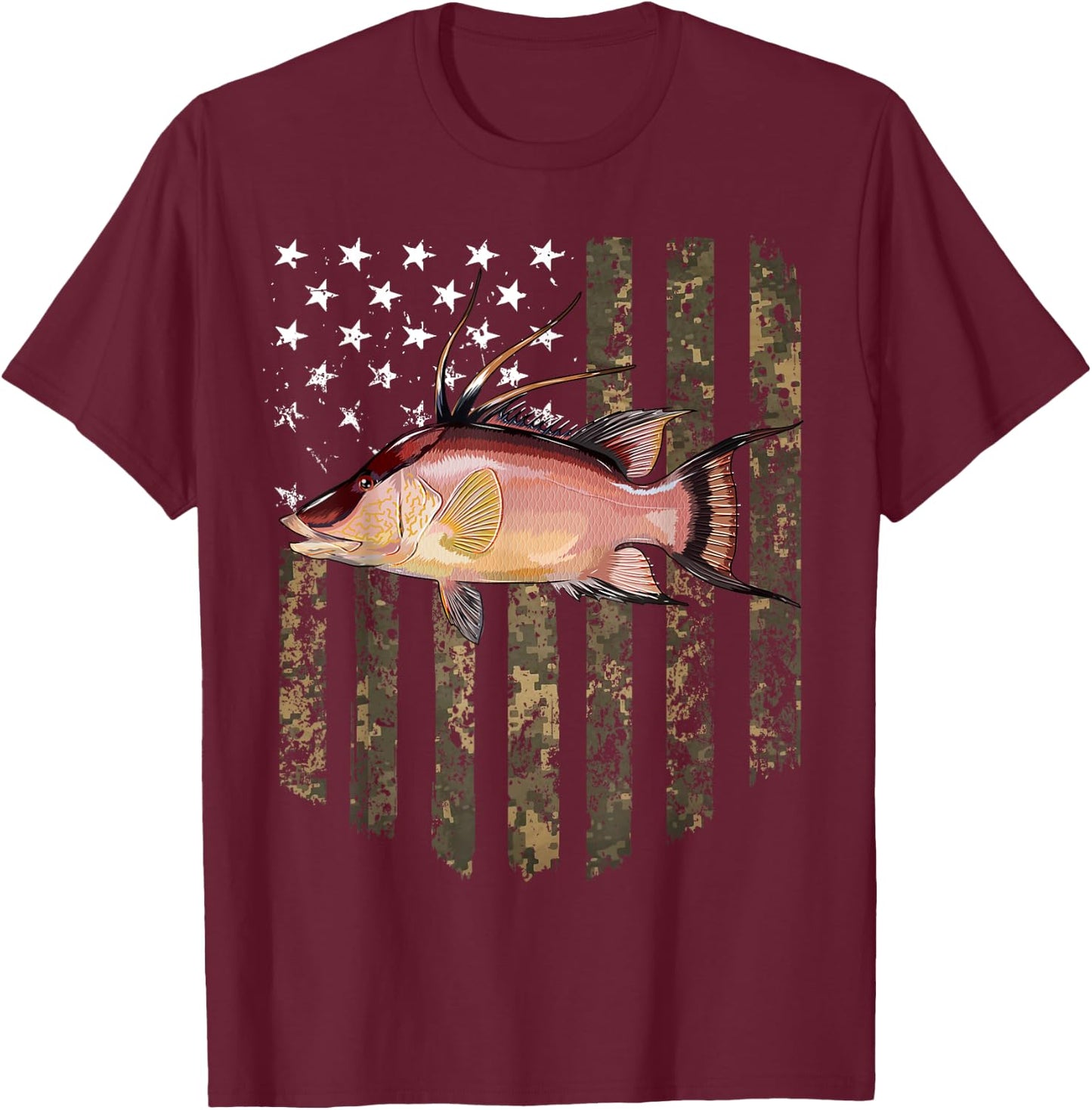 Camo American Flag Hogfish Fishing 4th Of July T-Shirt - T-Shirt | Maroon