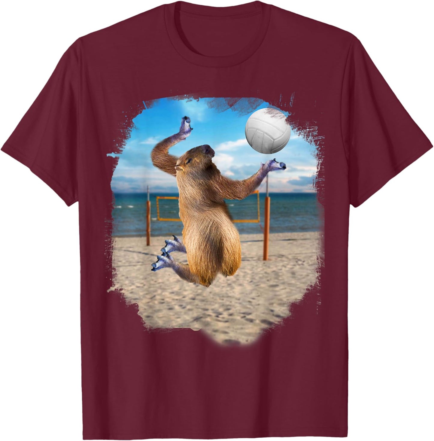 Capybara Playing Beach Volleyball T-Shirt - T-Shirt | Maroon