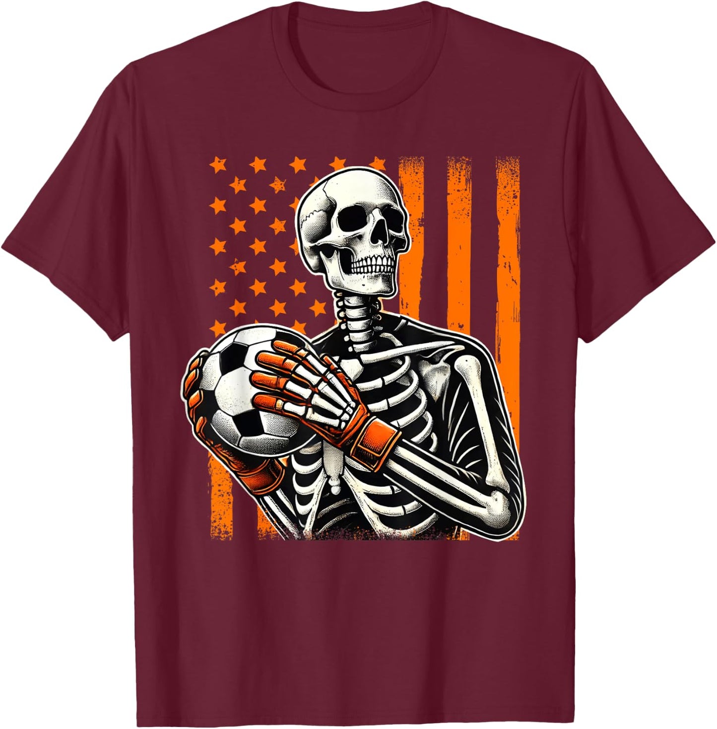 Skeleton Goalkeeper Holding Soccer Ball Goalie Halloween USA T-Shirt - T-Shirt | Maroon