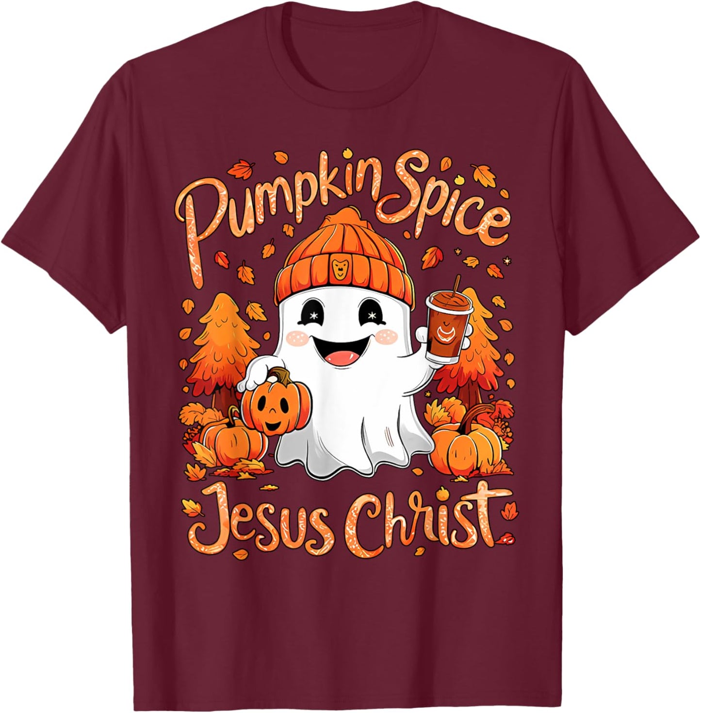 Pumpkin Spice Jesus Christ Ghost Fall Autumn Jesus Christian T-Shirt - T-Shirt | Maroon