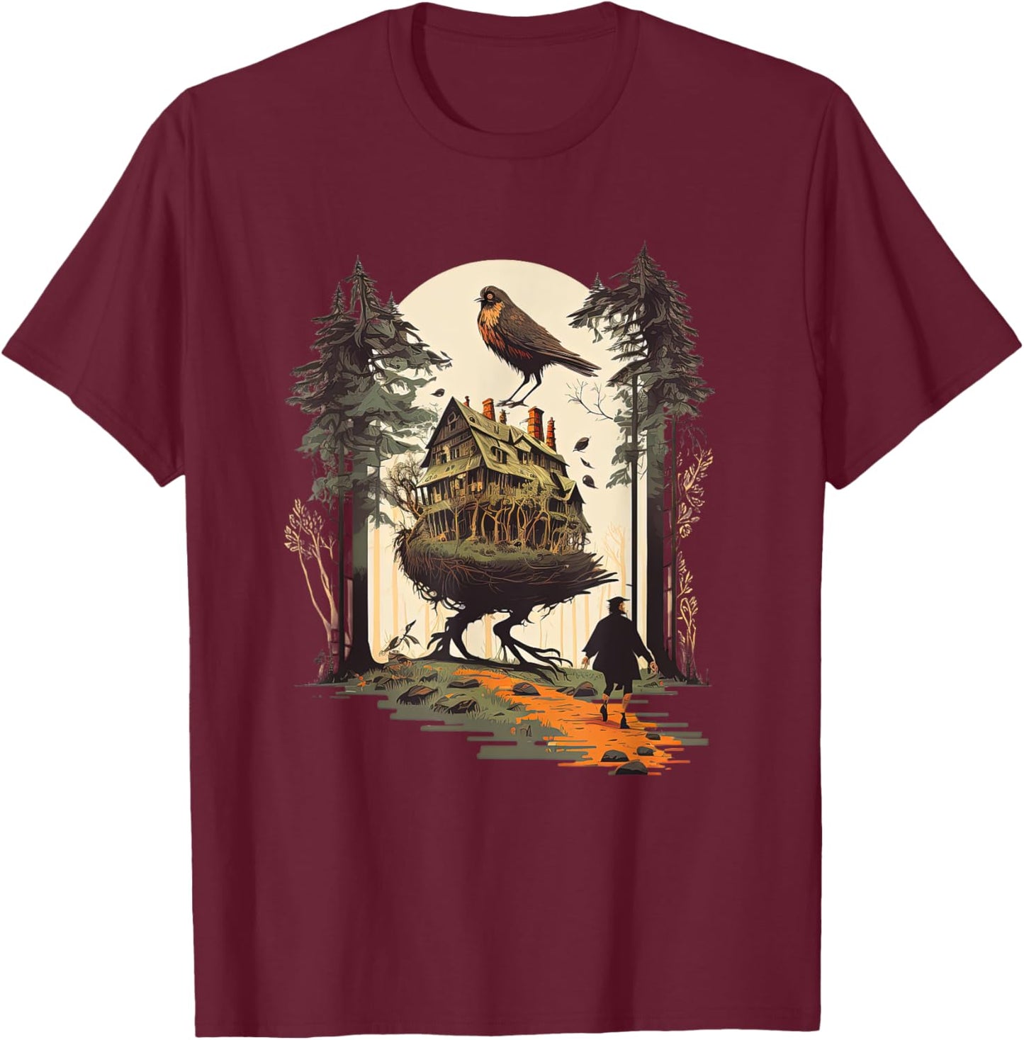 Walking House on Chicken Legs Slavic folklore Baba Yaga Art T-Shirt - T-Shirt | Maroon