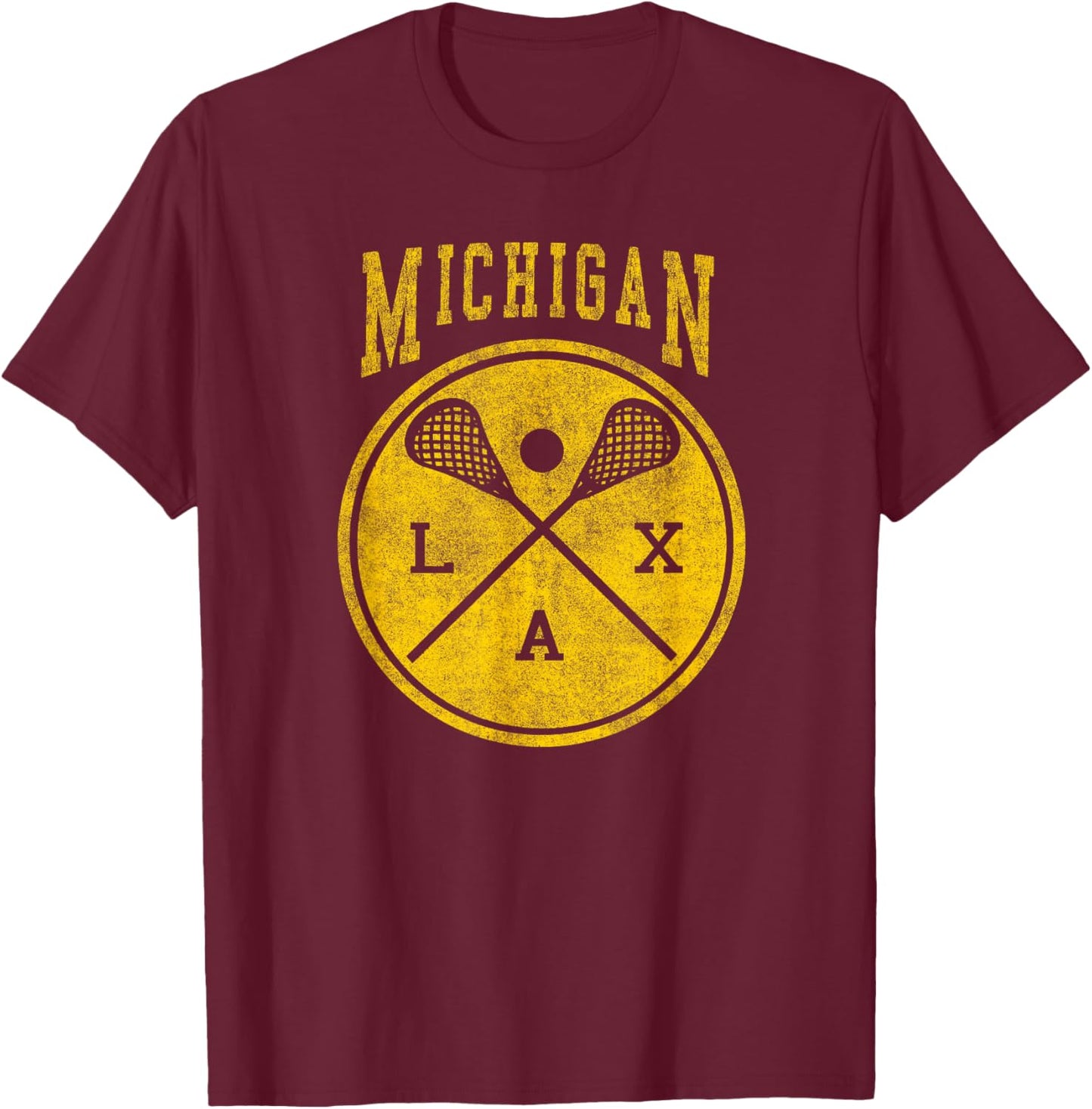 Michigan Lacrosse Vintage LAX Vintage Michigan Lacrosse Distressed LAX T-Shirt - T-Shirt | Maroon