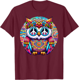 Psychedelic Peace Owl Love Colorful Harmony Unity Positivity T-Shirt - T-Shirt | Maroon