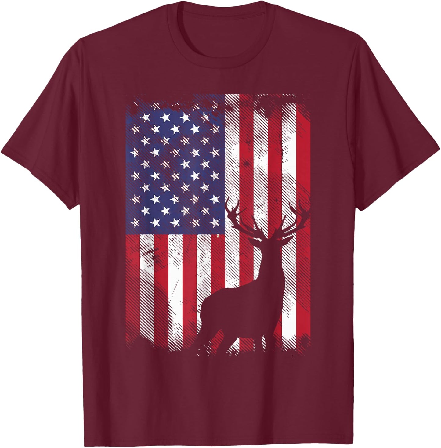 American Flag Deer Elk Hunting USA Patriotic Hunter Gift T-Shirt - T-Shirt | Maroon