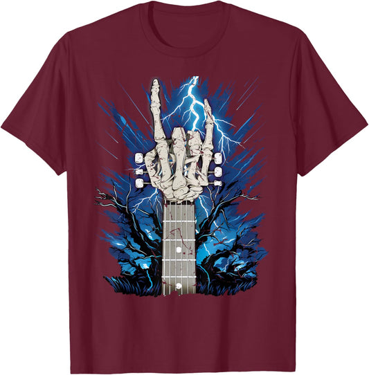 Rock On Skeleton Hand Guitar Neck Rock & Roll Halloween T-Shirt - T-Shirt | Maroon