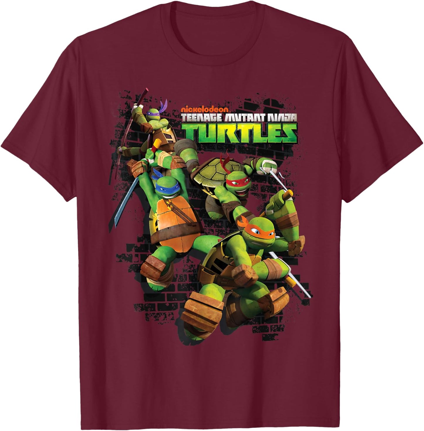 TMNT Turtles Group Shot Brick Wall T-Shirt - T-Shirt | Maroon