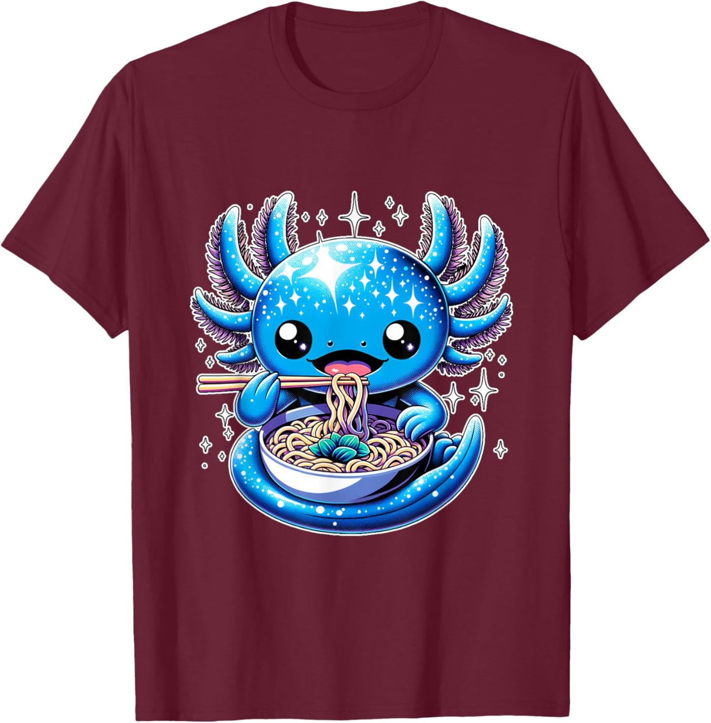 Kawaii Axolotl Eating Ramen Noodles Anime T-Shirt - T-Shirt | Maroon