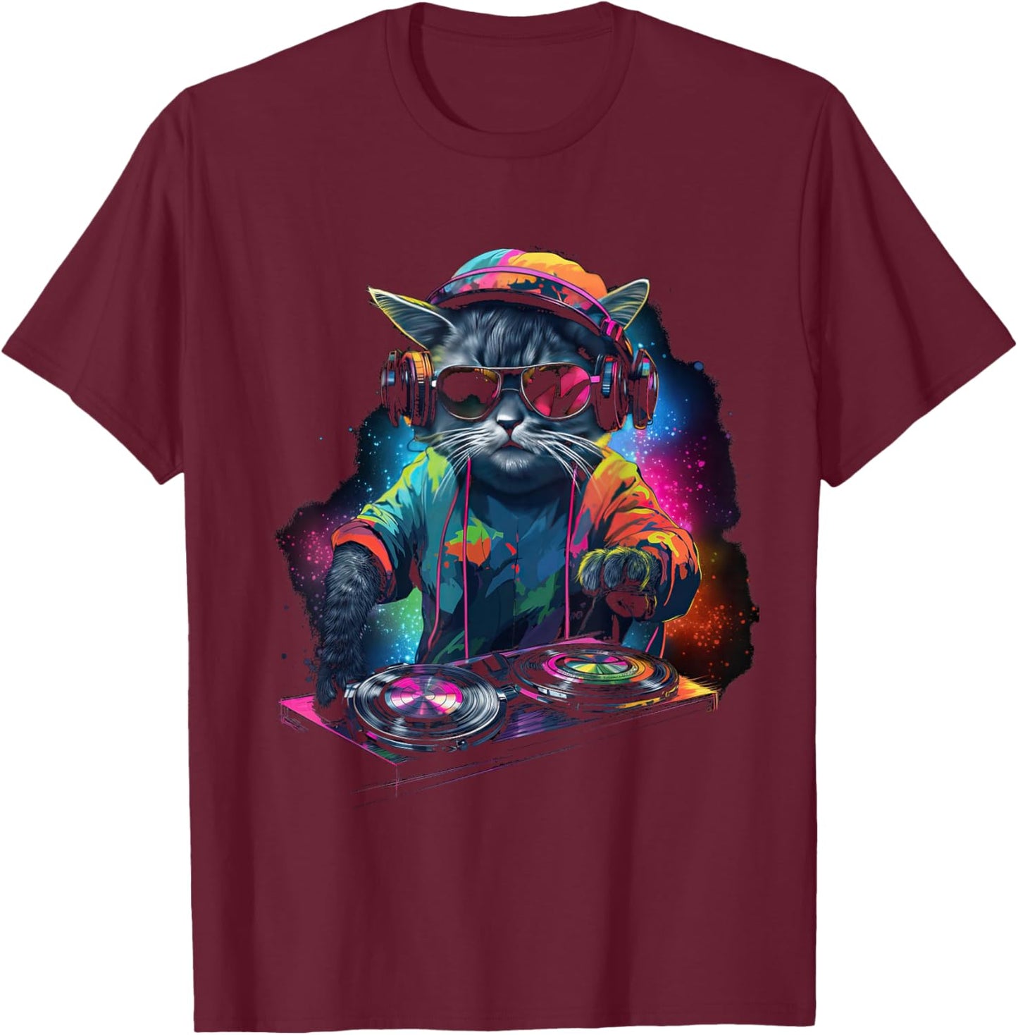DJ Cat With Headphones And Sunglasses Disco Cats T-Shirt - T-Shirt | Maroon