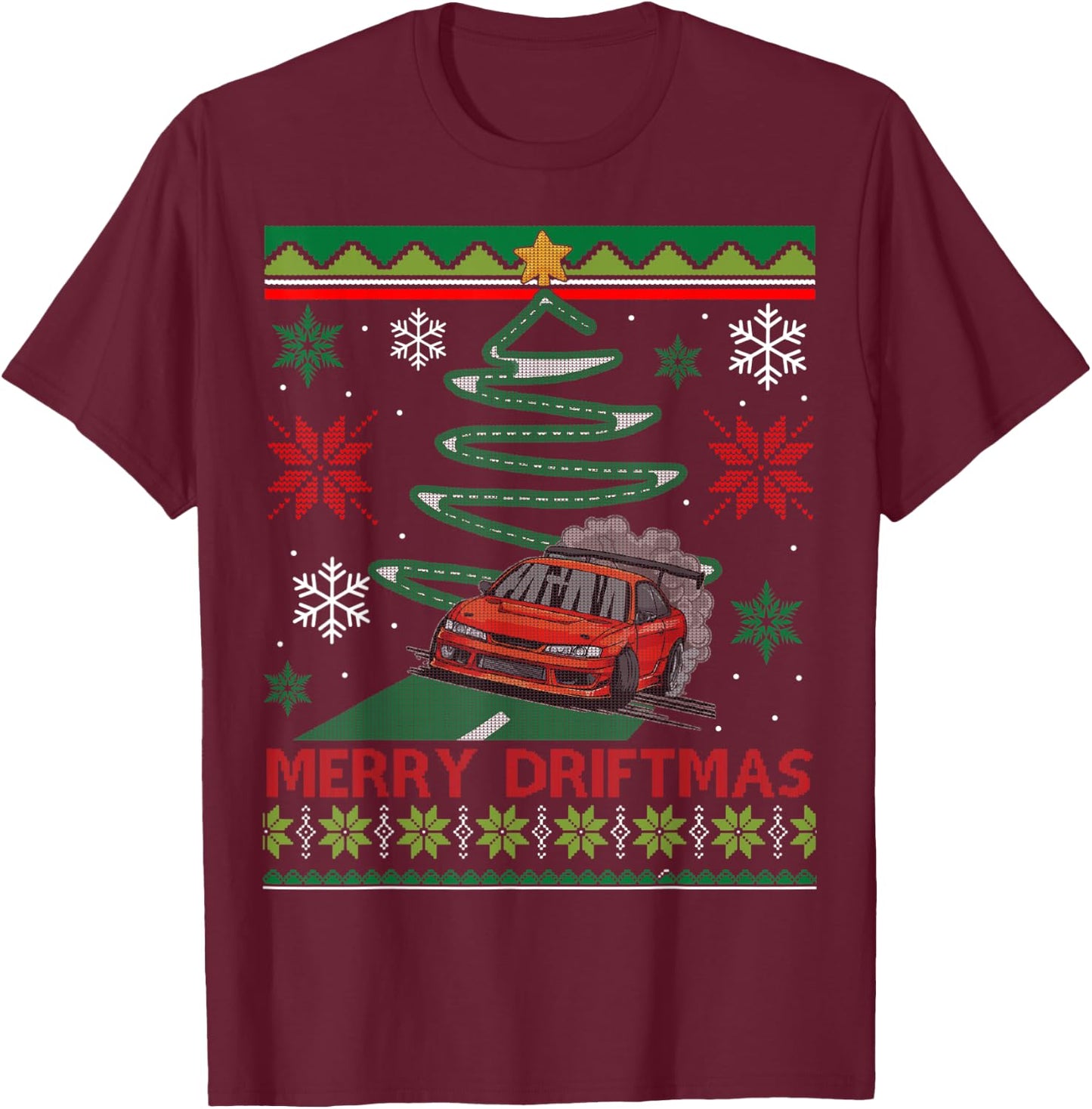 Merry Driftmas Street Racing Christmas Drifting Car Tree T-Shirt - T-Shirt | Maroon