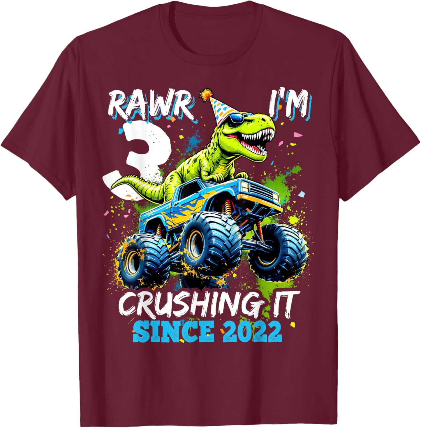 3rd Birthday Monster Truck Dinosaur Party Boys Rawr I'm 3 T-Shirt - T-Shirt | Maroon