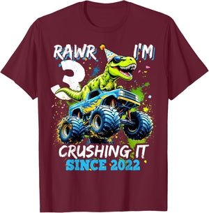 3rd Birthday Monster Truck Dinosaur Party Boys Rawr I'm 3 T-Shirt - T-Shirt | Maroon