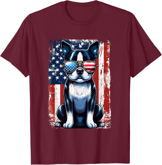 Vintage Boston Terrier Dog American USA US Flag Pets Lovers Women Girls Kids T-Shirt - T-Shirt | Maroon