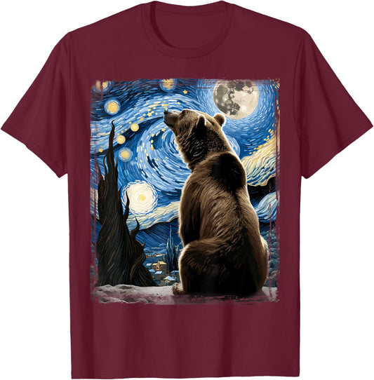 Artistic Bear Shirt Van Gogh Style Starry Night Grizzly Bear T-Shirt - T-Shirt | Maroon