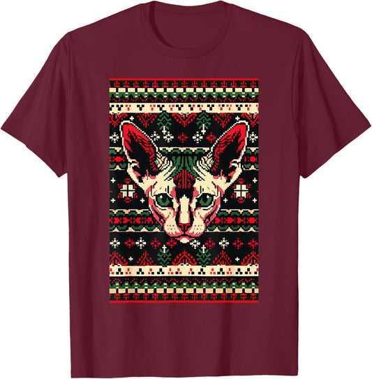 Christmas Ugly Sweater Sphynx Cat Funny Xmas T-Shirt - T-Shirt | Maroon