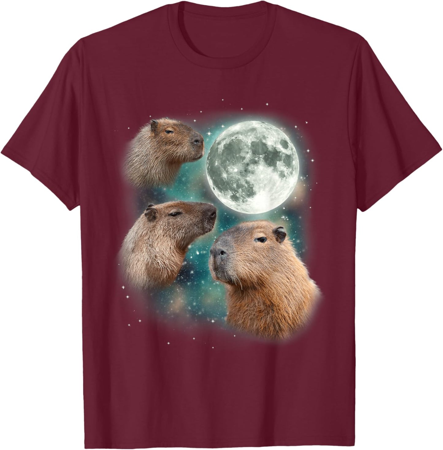 3 Capybara Moon Giant Rodents Weird Howling Parody T-Shirt - T-Shirt | Maroon