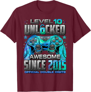 Level 10 Unlocked Awesome Since 2015 10th Birthday Gaming T-Shirt - T-Shirt | Maroon