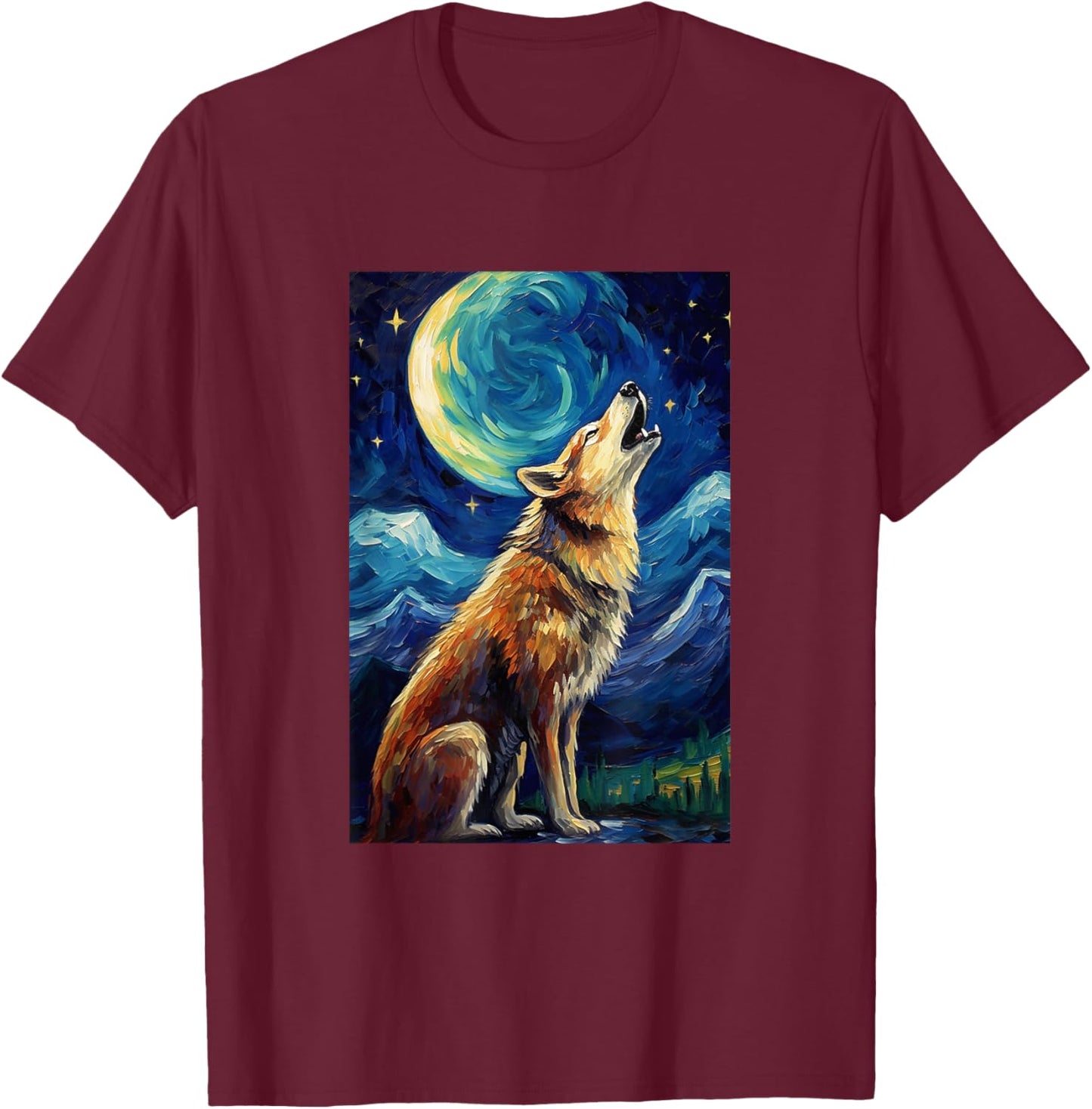 Wolf howls at moon - Van Gogh Style - Starry Night T-Shirt - T-Shirt | Maroon