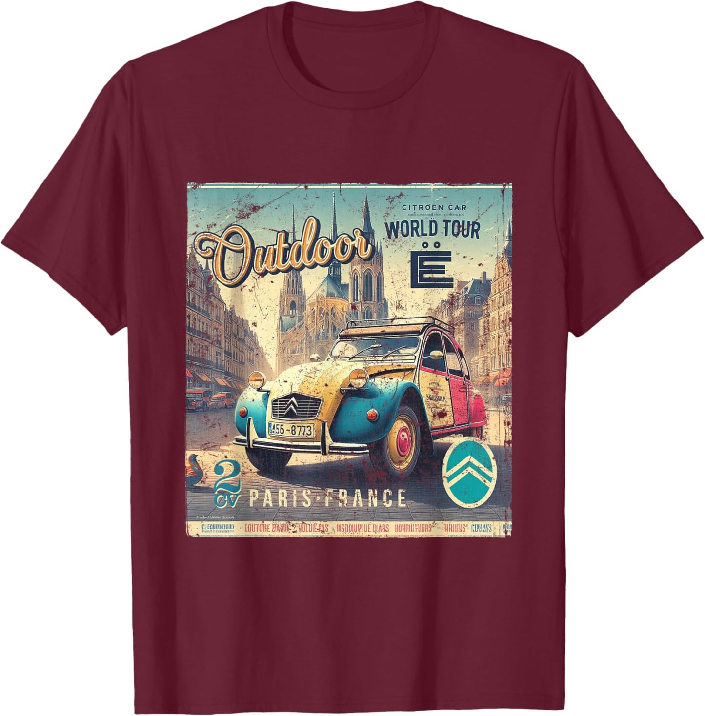 Citroën 2CV World Tour Paris France , Black, S T-Shirt - T-Shirt | Maroon