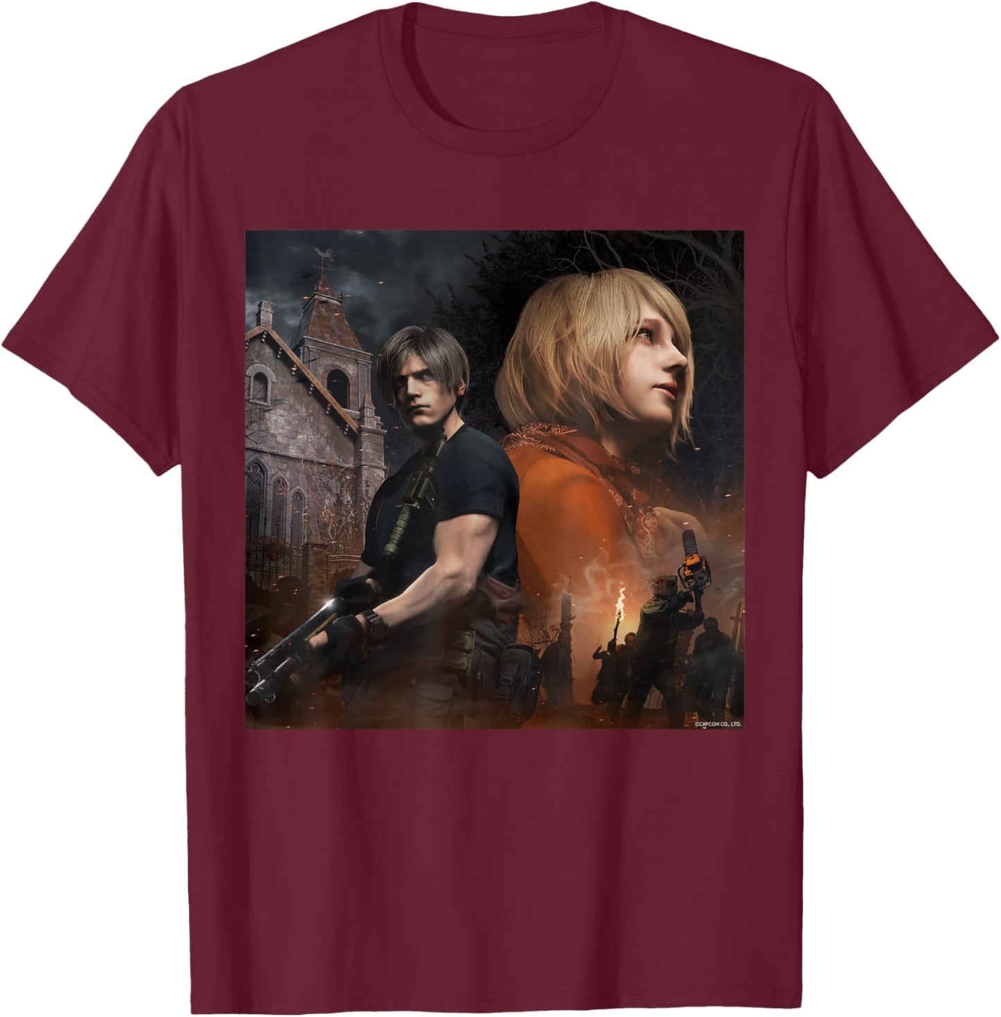 RESIDENT EVIL 4 Leon & Ashley T-Shirt - T-Shirt | Maroon