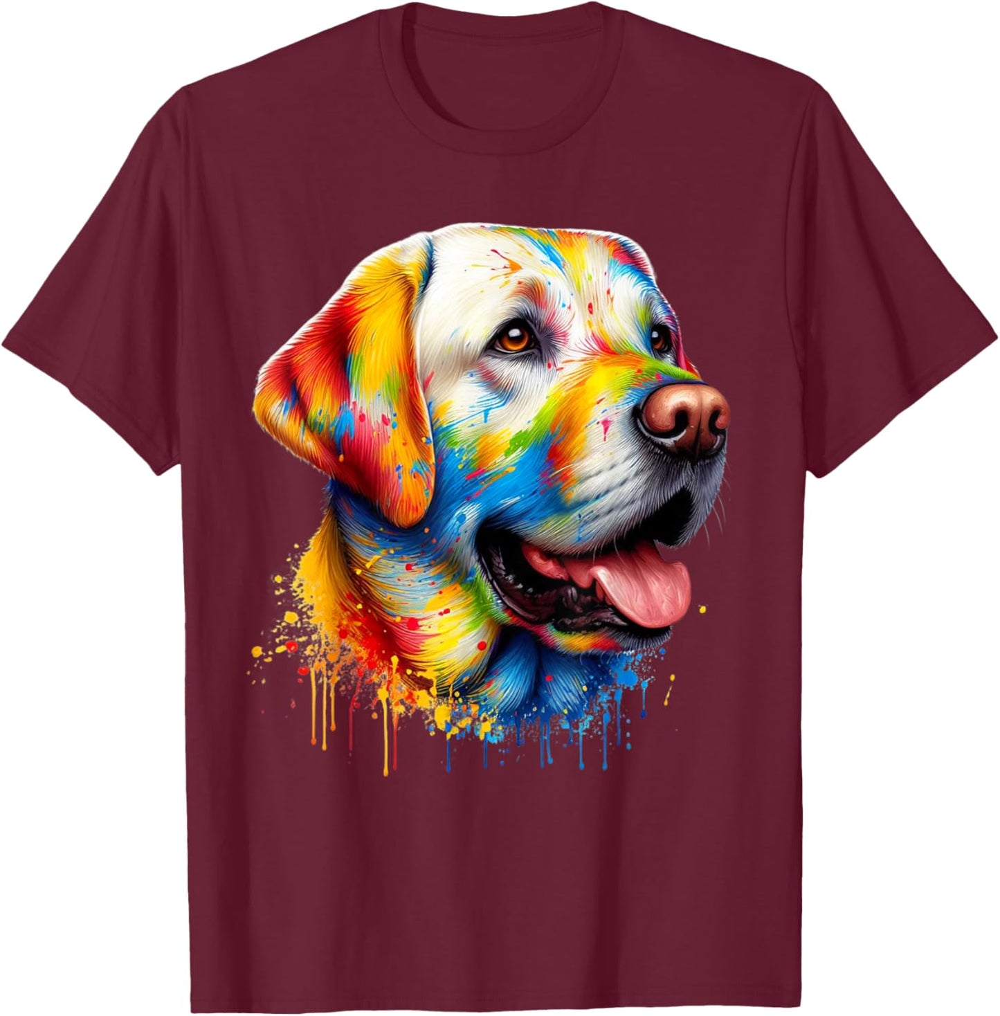Colorful Canine Chaos: Labrador Retriever Frenzy T-Shirt - T-Shirt | Maroon