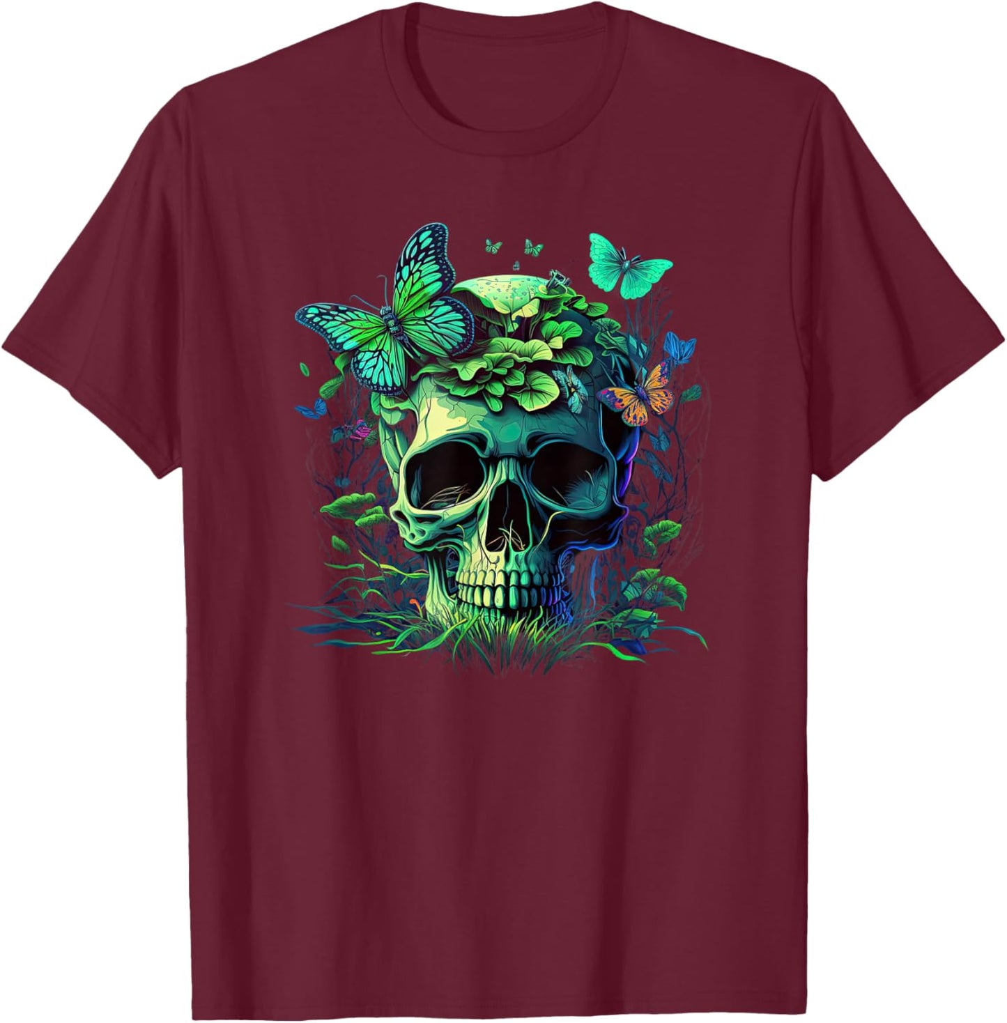 Skull with Vibrant Butterfly flower and mushroom T-Shirt - T-Shirt | Maroon