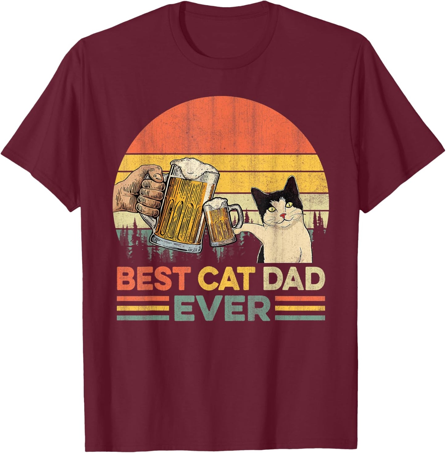 Vintage Best Cat Dad Ever Funny Beer Drinking Men T-Shirt - T-Shirt | Maroon