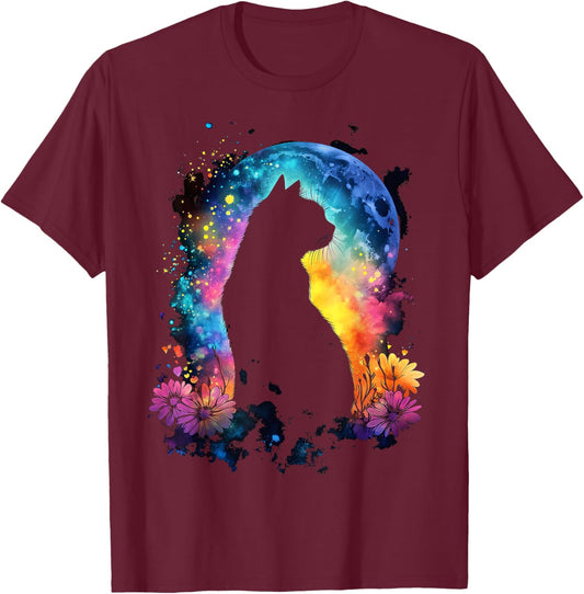 Cat Moon and Flowers Aesthetic Cottagecore inspired T-Shirt - T-Shirt | Maroon