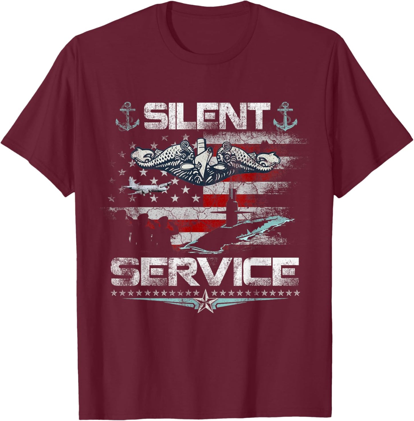 U.S Submarines Silent Service Flag Patriotic Veterans Day T-Shirt - T-Shirt | Maroon