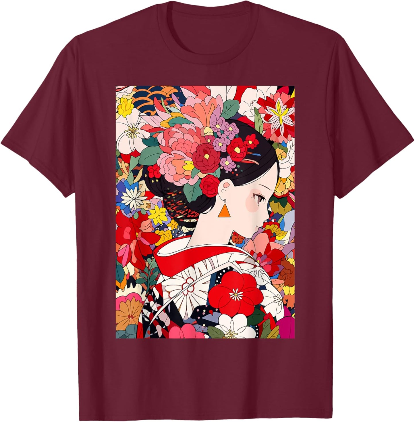 Japanese Flower Kimono Girl Cute Kawaii Anime Art T-Shirt - T-Shirt | Maroon