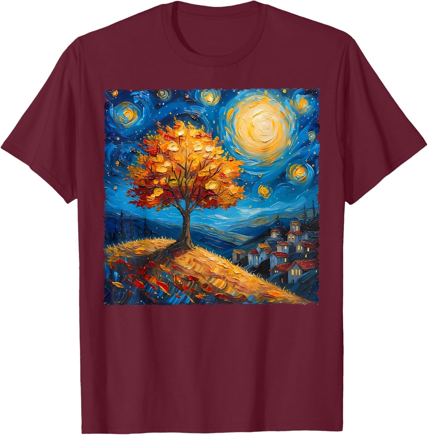 Maple Tree Van Gogh Starry Night Art Autumn Nature Lovers T-Shirt - T-Shirt | Maroon