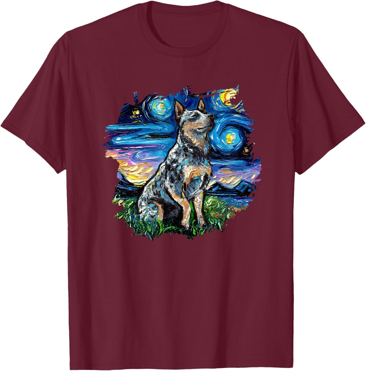 Blue Heeler with border Starry Night Dog Art by Aja T-Shirt - T-Shirt | Maroon