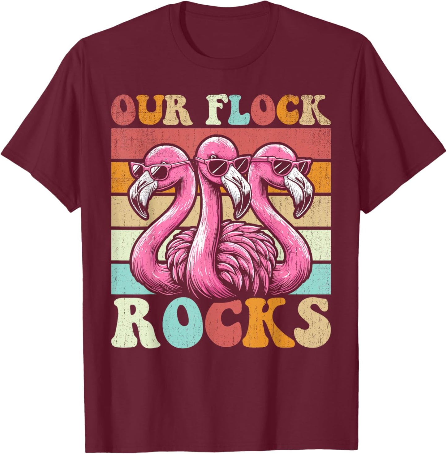 Our Flock Rocks Flamingo Matching Family Vacation T-Shirt - T-Shirt | Maroon