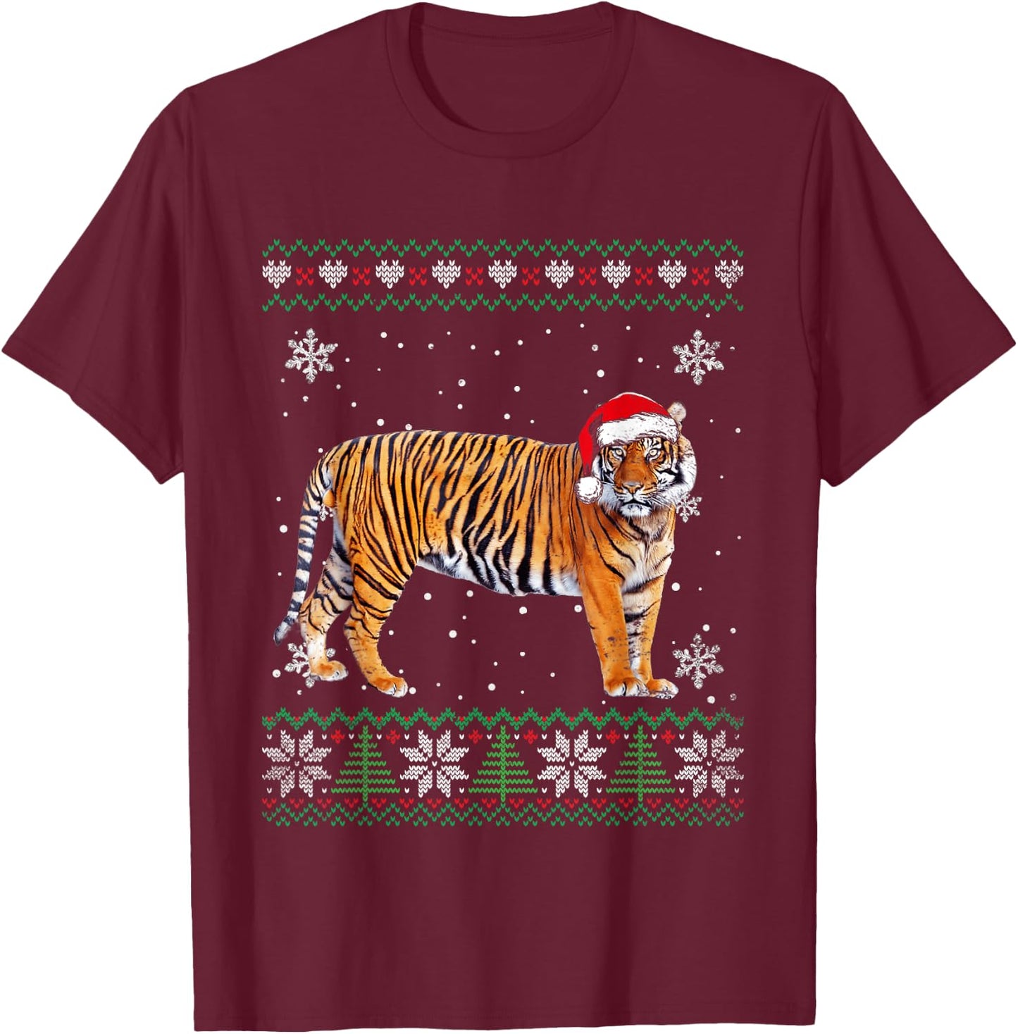 Santa Tiger Ugly Sweater Animals Christmas Pajama T-Shirt - T-Shirt | Maroon