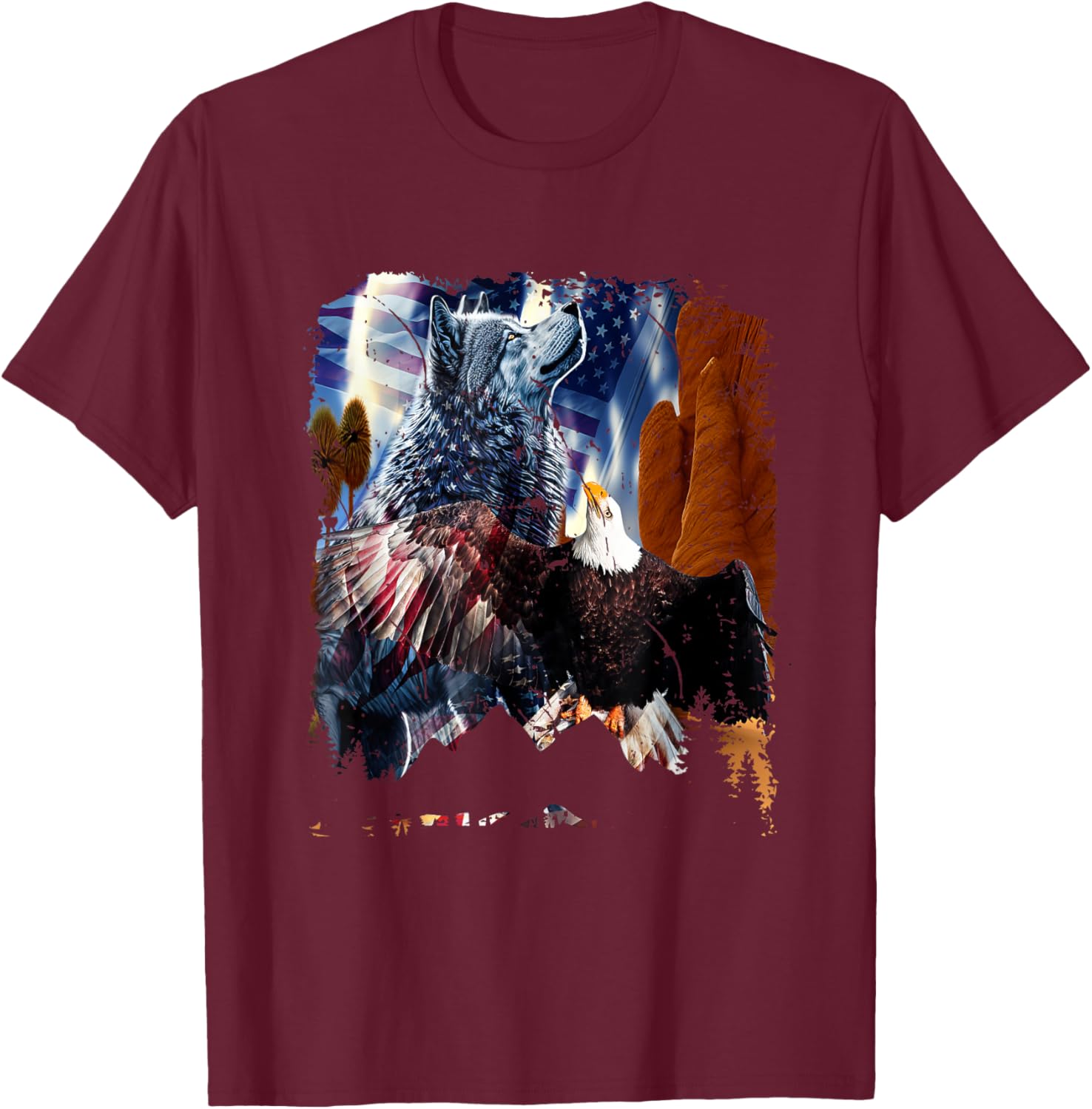 Wolf With Bald Eagles American Flag Patriotic Independence Women Men T-Shirt - T-Shirt | Maroon