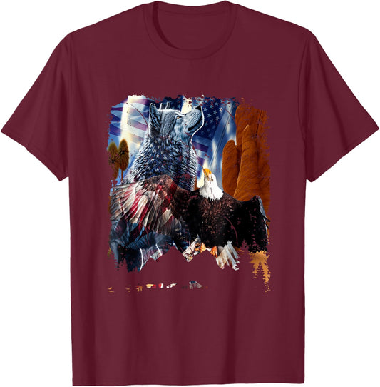 Wolf With Bald Eagles American Flag Patriotic Independence Women Men T-Shirt - T-Shirt | Maroon