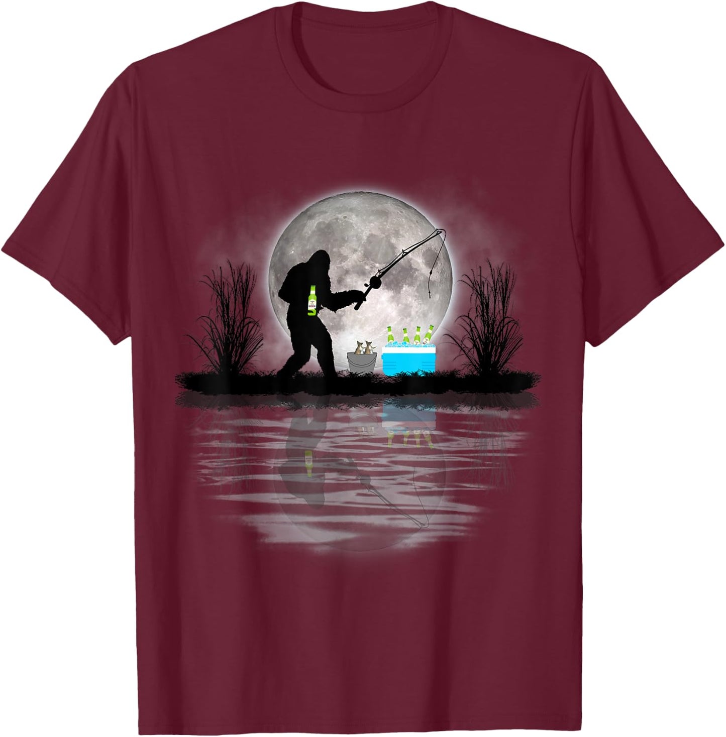Bigfoot Fishing Funny Sasquatch Fishing & Beer Gift T-Shirt - T-Shirt | Maroon