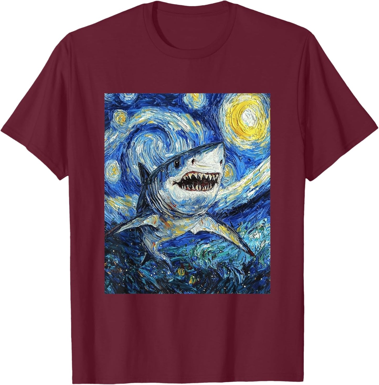 Funny Shark - Van Gogh Style - Starry Night T-Shirt - T-Shirt | Maroon