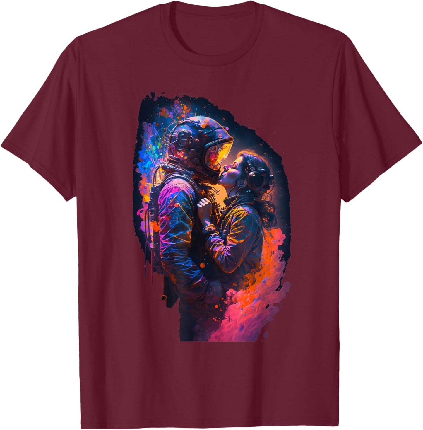 Astronaut Love Couple Kiss Outer Space | Colorful Astronaut T-Shirt - T-Shirt | Maroon