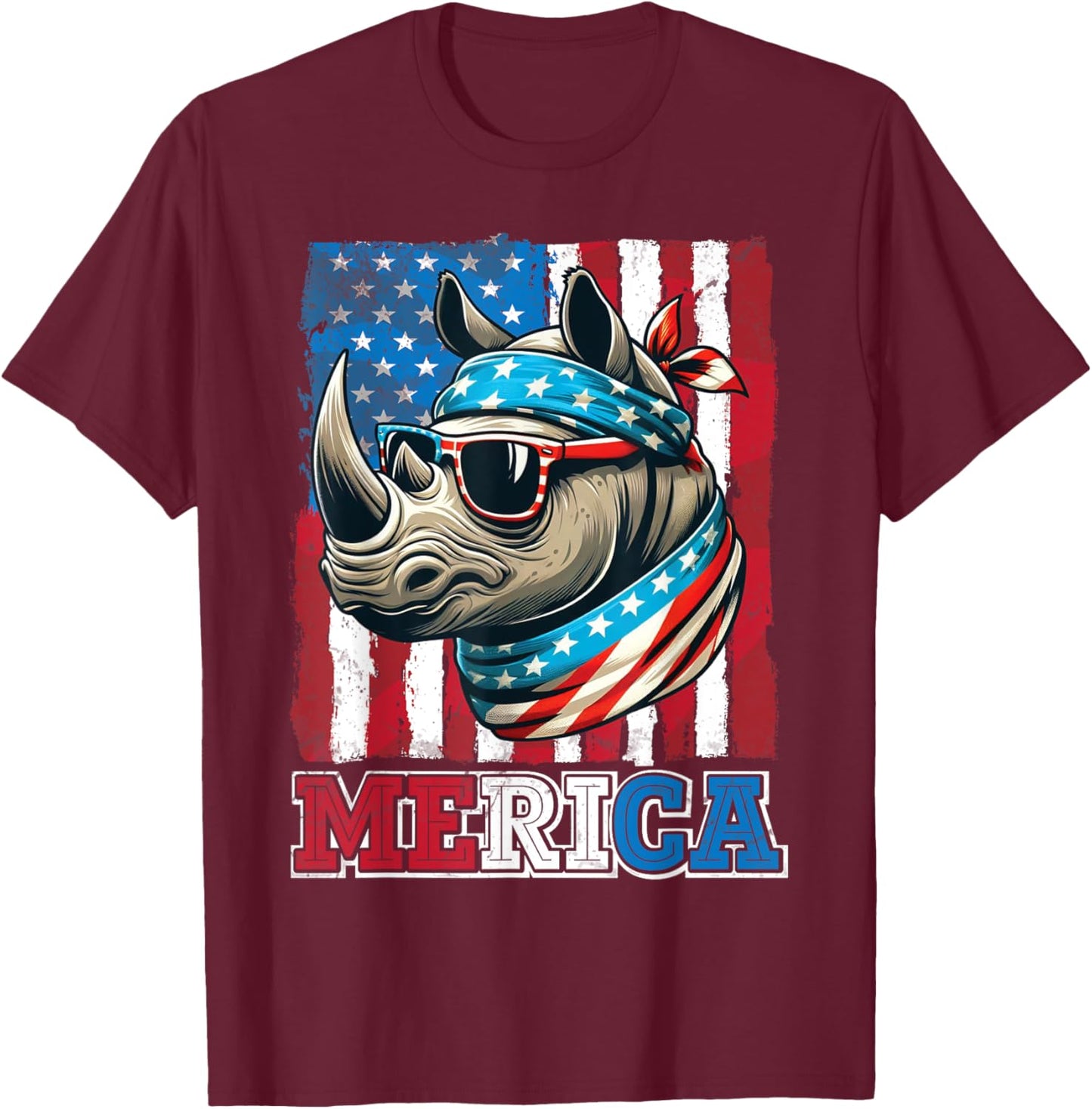 Rhino Wearing US Flag Costume Independence July 4th MERICA Women Men T-Shirt - T-Shirt | Maroon