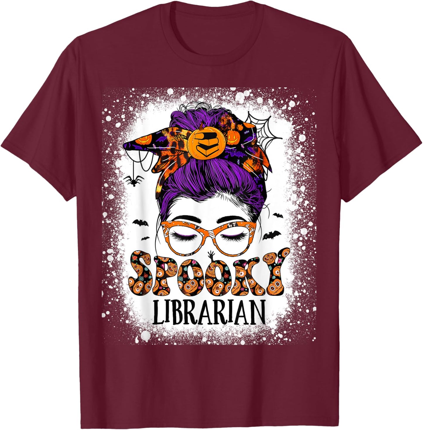 Spooky Librarian Teacher Halloween Messy Bun Book Library T-Shirt - T-Shirt | Maroon