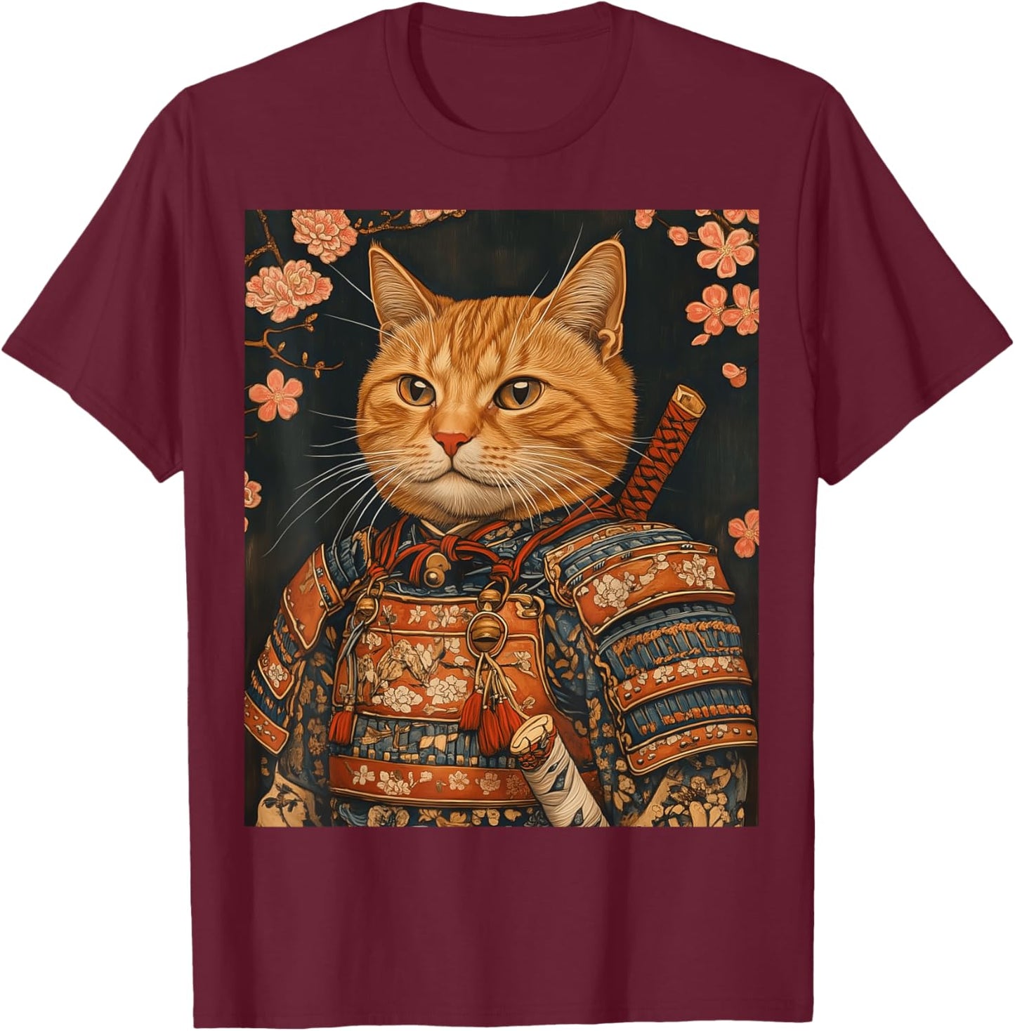 Japanese Art Cat Samurai T-Shirt - T-Shirt | Maroon