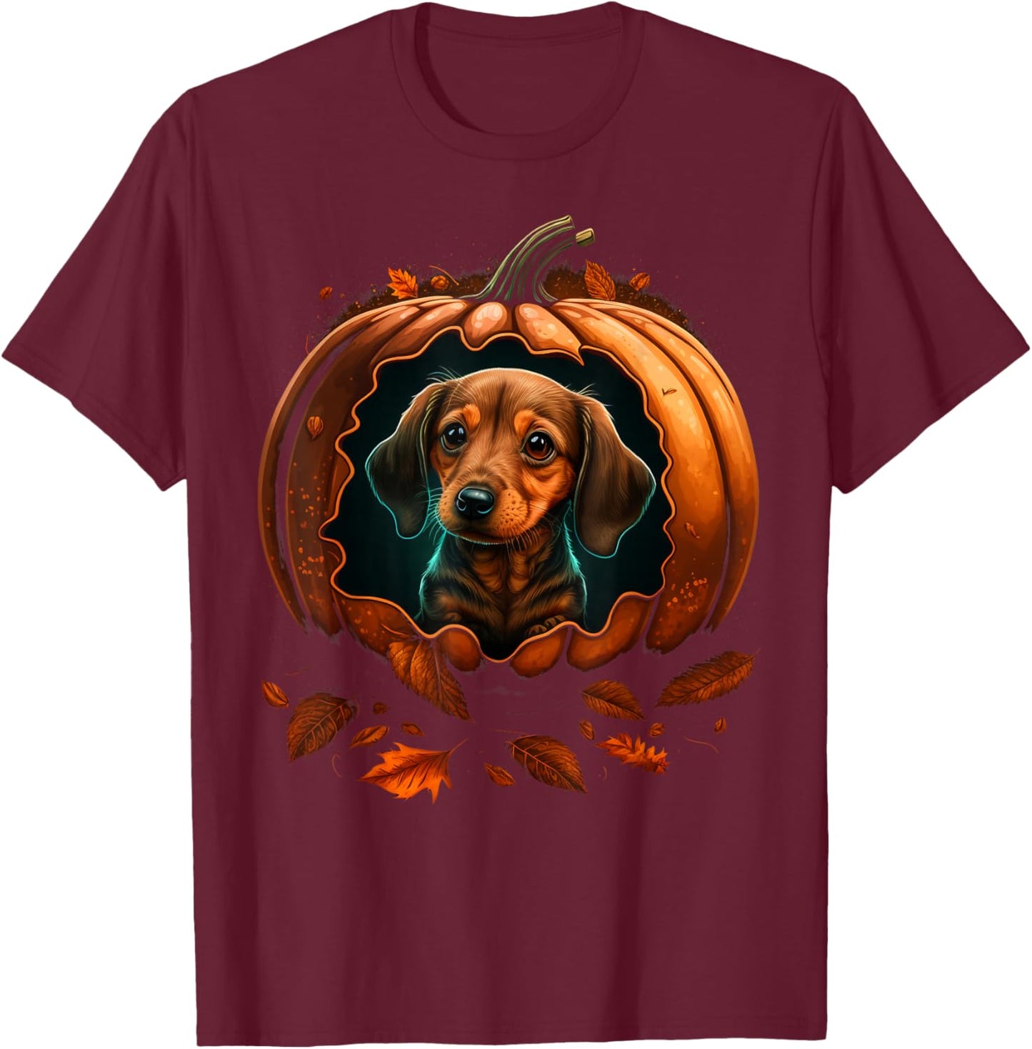 Pumpkin Dachshund costume on Dachshund Halloween T-Shirt - T-Shirt | Maroon