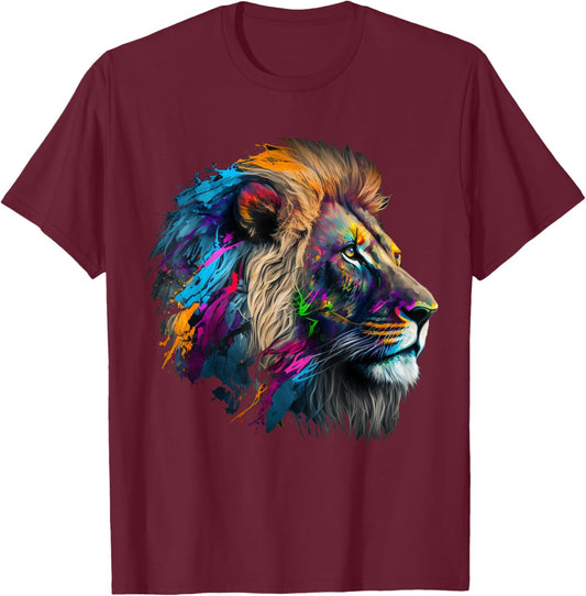Lion Animal Print Art Animal Lovers Colourful Lion T-Shirt - T-Shirt | Maroon