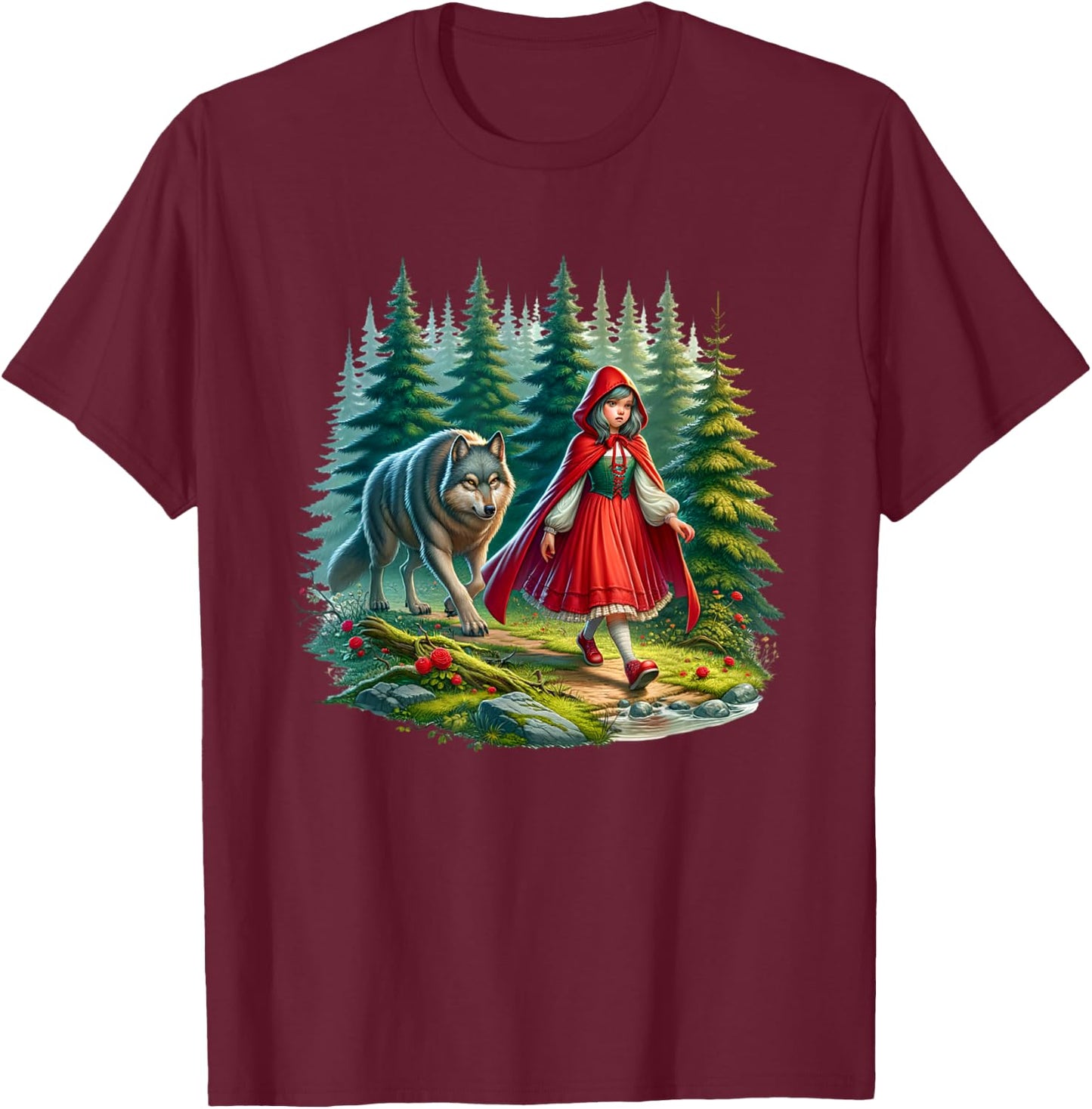 Little Red Riding Hood Stalked by Wolf Halloween Costume T-Shirt - T-Shirt | Maroon