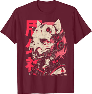 Anime Manga Cyberpunk Aesthetic Techwear Harajuku Cat Girl T-Shirt - T-Shirt | Maroon