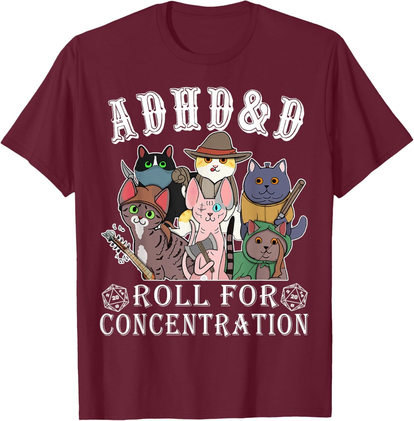 Cats RPG Gamer Roll For Concentration D20 Dice Nerdy Men Kid T-Shirt - T-Shirt | Maroon