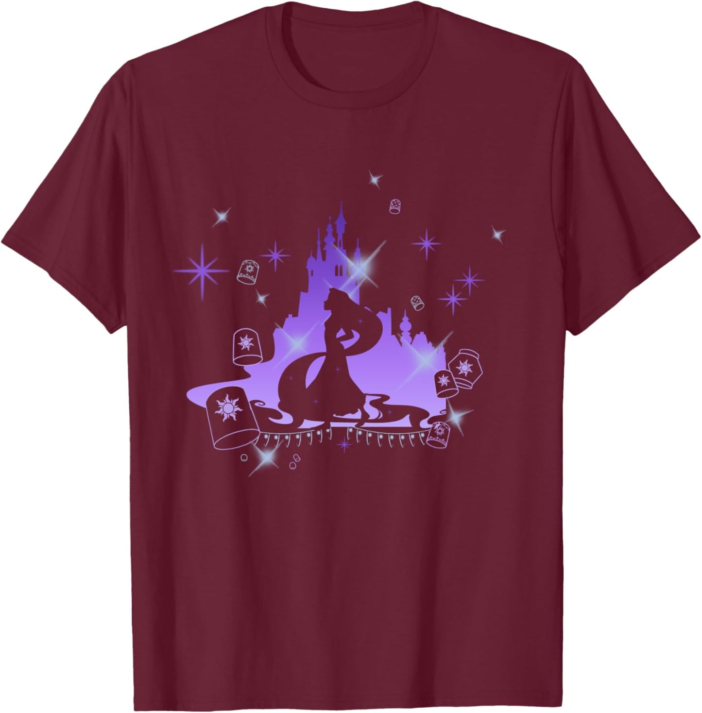 Disney Tangled Rapunzel And Lanterns Castle Silhouette T-Shirt - T-Shirt | Maroon