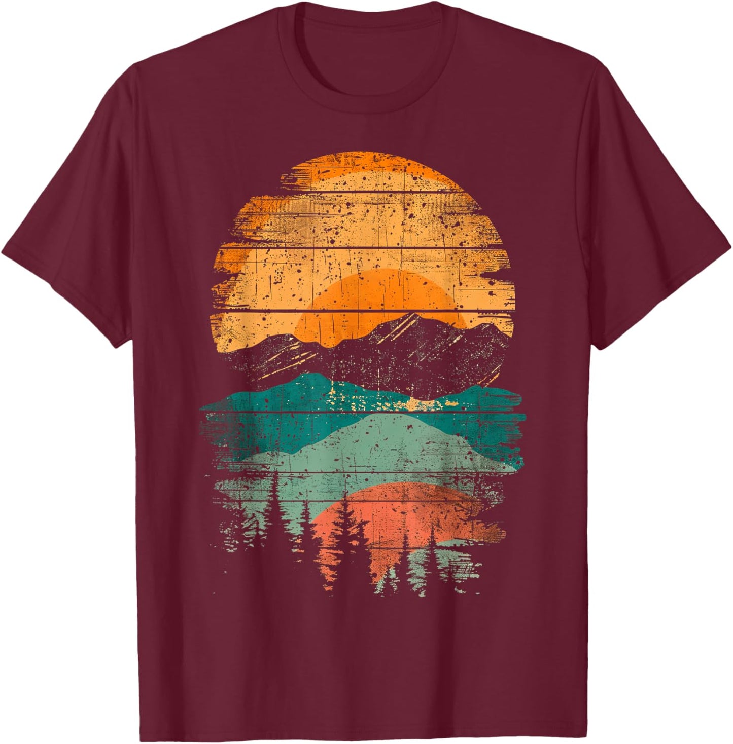 Sunset Orange Blue Distressed Nature T-Shirt - T-Shirt | Maroon